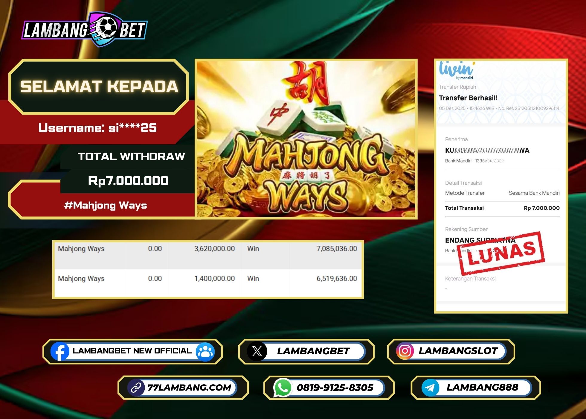 LAMBANGBET [5 DESEMBER 2025] JACKPOT SLOT Mahjong Ways "Rp7.000.000" LUNAS